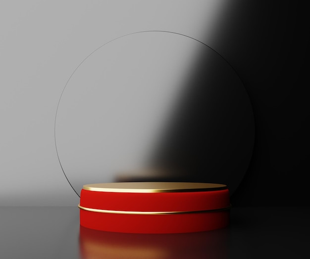 Podio di rendering 3d per la presentazione del prodotto su cilindro rosso scuro e oro
