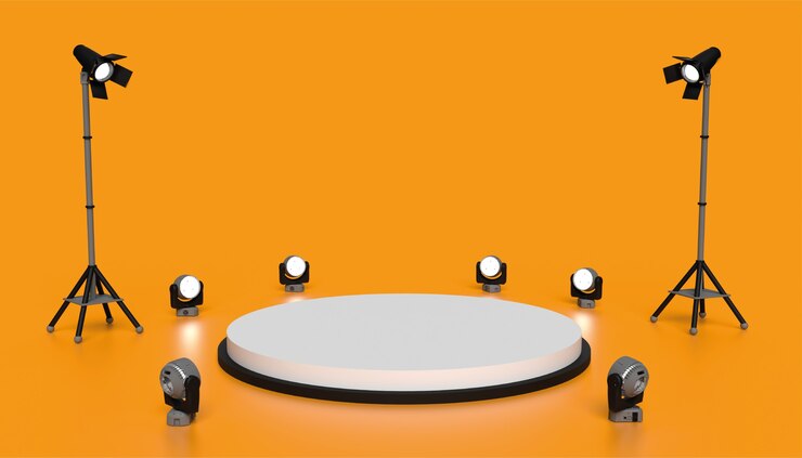 Podio di sfondo e scena di studio arancione, fase minima con luci, rendering 3d di sfondo