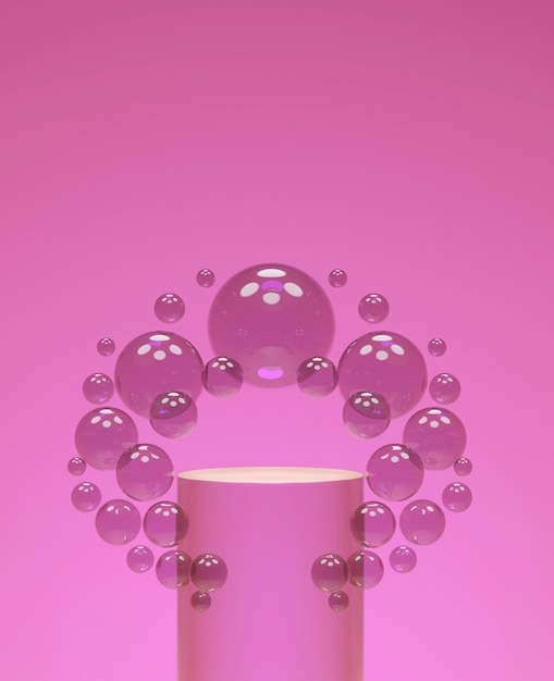 Podio di vetro e palline in mockup rosa 3D render