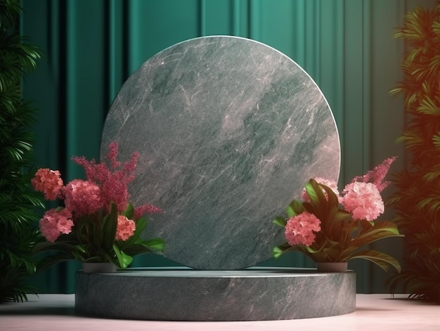 Podio di visualizzazione del prodotto in marmo verde con fiori di ortensia rosa sullo sfondo verde