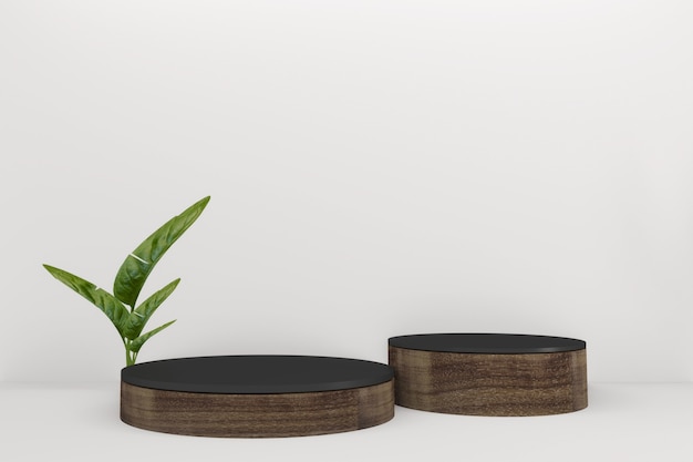 Podio di woode tropicale su sfondo design minimale. Rendering 3D