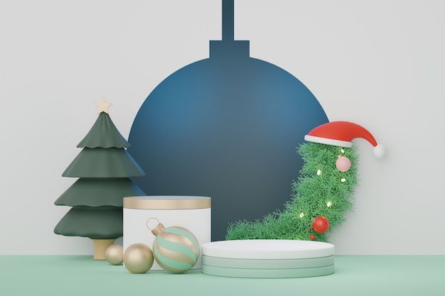 Podio display 3d per la presentazione di prodotti e cosmetici con il concetto di Natale e felice anno nuovo