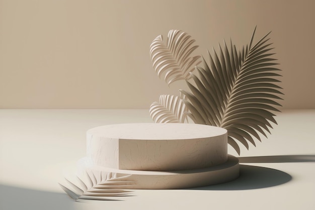 Podio display in pietra 3D su sfondo beige foglie di palma generazione AI
