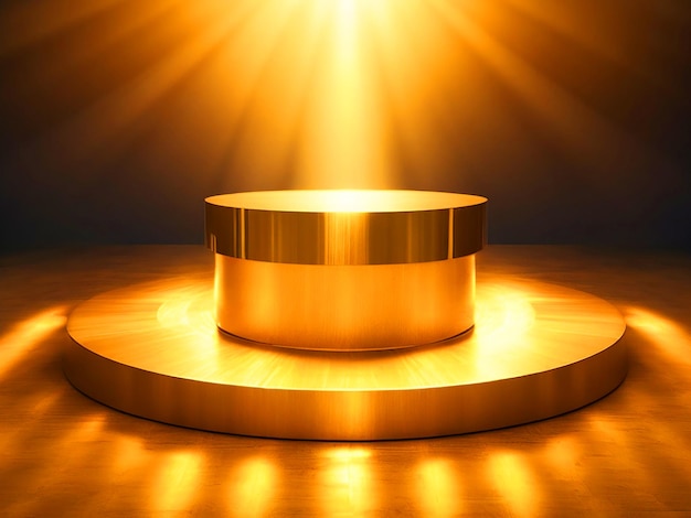 podio dorato con luce dorata sul tavolo di legno download di immagini 4k