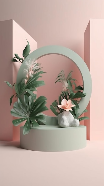 Podio espositivo minimale con vetrina prodotto di piante e fiori tropicali