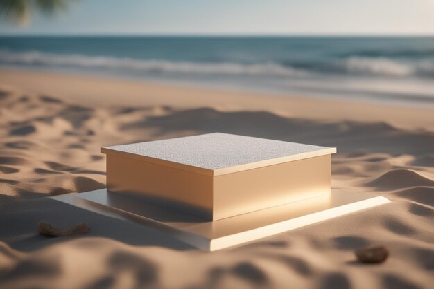 Podio estivo, podio mockup moderno Foto di un podio sulla spiaggia per la presentazione del prodotto