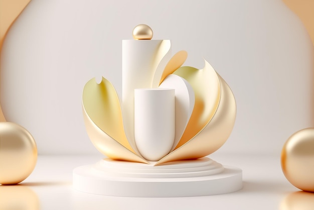 Podio fotografico in oro dal design lussuoso e minimale con tende dorate 3d rendering