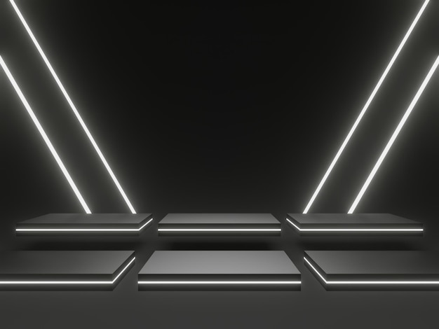 Podio geometrico nero 3D con luci al neon bianche SciFi mock up