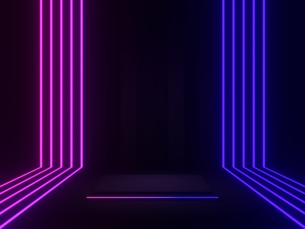 Podio geometrico nero 3D con luci al neon blu e viola