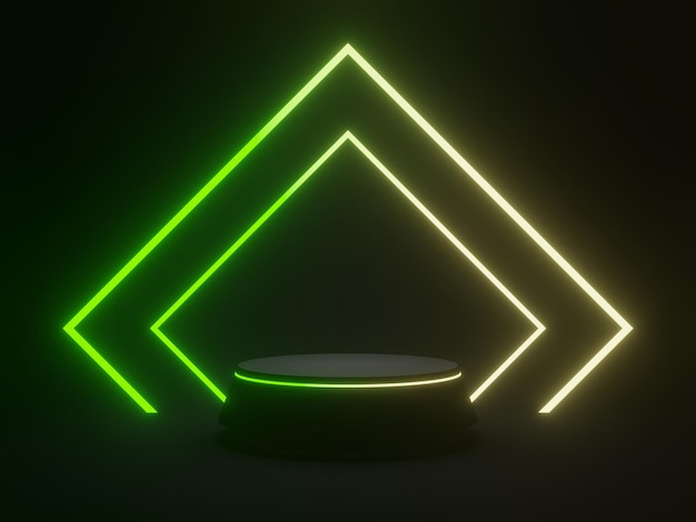 Podio geometrico nero 3D con luci al neon verde e gialle sfumate