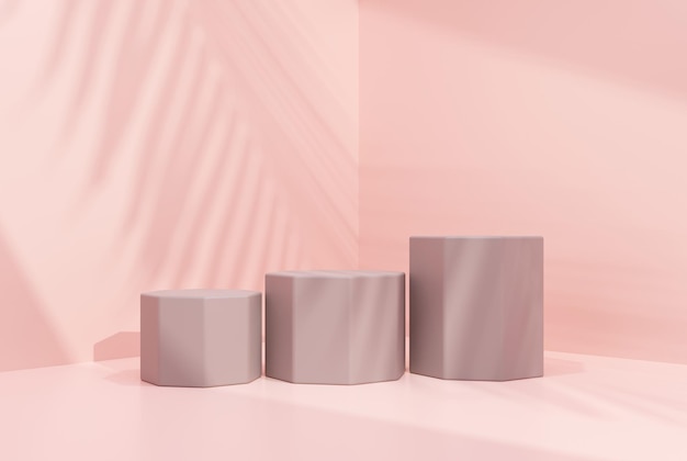 Podio grigio con ombra fogliare su sfondo rosa pastello Illustrazione 3D piedistallo vuoto scena di visualizzazione del prodotto per il posizionamento del prodotto