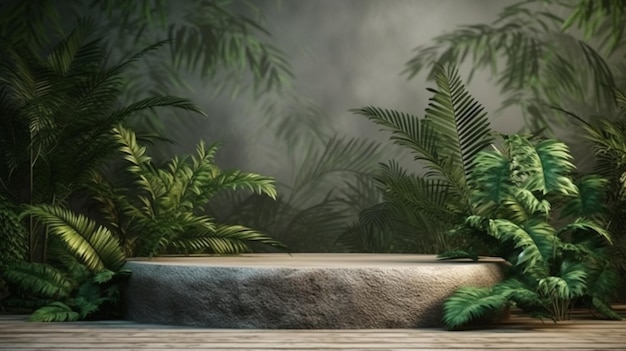 Podio in cemento nella foresta tropicale per la presentazione del prodotto e illustrazione di rendering 3D della parete verde