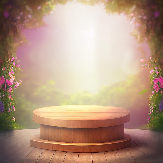 Podio in legno con scale e fiori sullo sfondo illustrazione 3D Il podio è in legno e ha una forma rotonda circondato da fiori e alberi che creano un'atmosfera serena e invitante