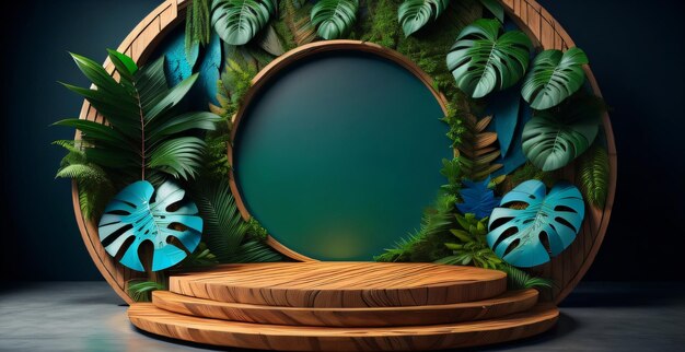 Podio in legno mockup di colorato per la presentazione dello spazio del prodotto artistico 3d su sfondo di lea tropicale