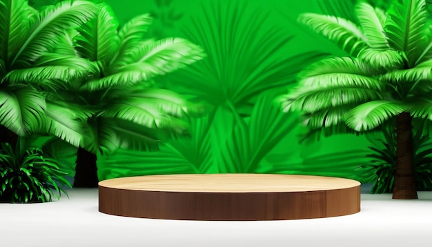 Podio in legno Nature's Elegance in mezzo alla lussureggiante foresta tropicale in rendering 3D Presentazione del prodotto Una fusione di eleganza e bellezza della natura