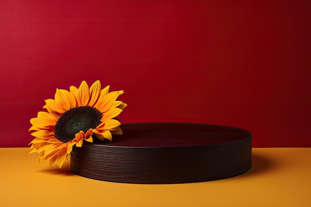 podio in legno nero, vicino, studio con sfondo rosso e girasole