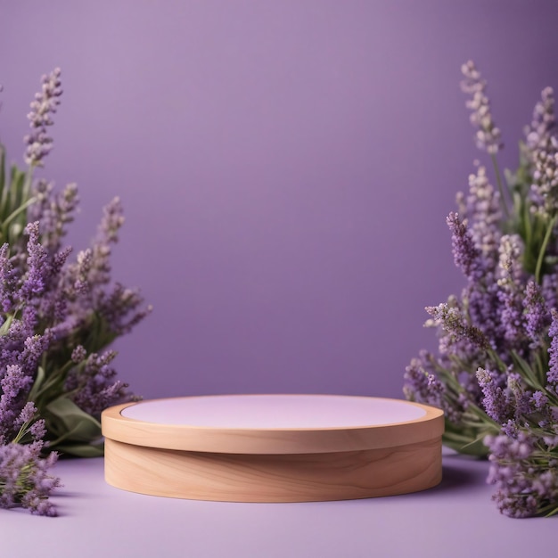 Podio in legno per esposizione di stand pubblicitari per prodotti cosmetici su sfondo color lavanda fiore