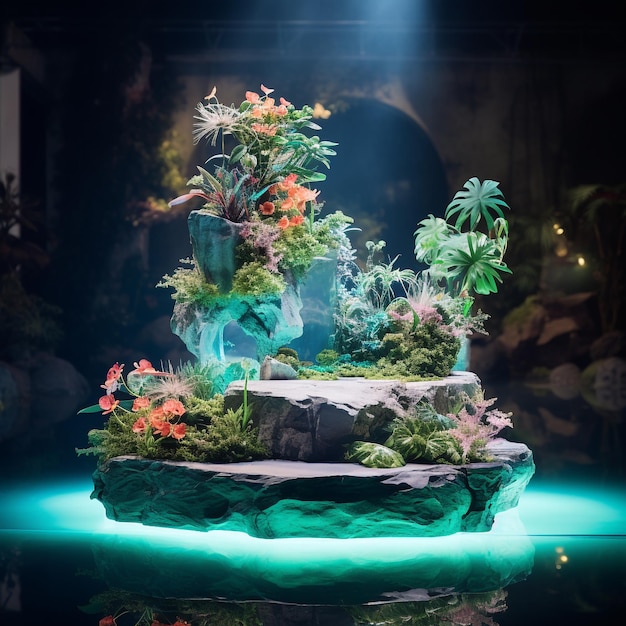 Podio in marmo di pietra naturale con neon e piante in ambiente acquatico per la presentazione dei prodotti