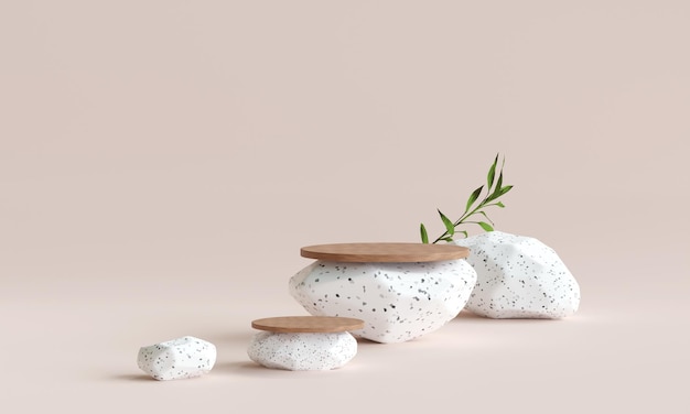 Podio in marmo terrazzo con legno arrotondato per la presentazione del prodotto Bellezza naturale piedistallo relax e salute 3d illustrationx9