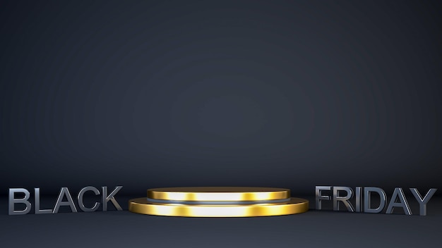 Podio in oro 3d del black friday o piedistallo di lusso ed elegante su una scena di sfondo nero.