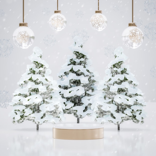 Podio in oro bianco con albero di natale e decorazioni per il posizionamento del prodotto di capodanno 3d rendering