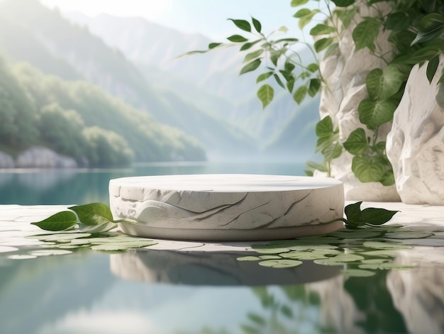 Podio in pietra bianca stand di esposizione di prodotti cosmetici con riflesso d'acqua e natura