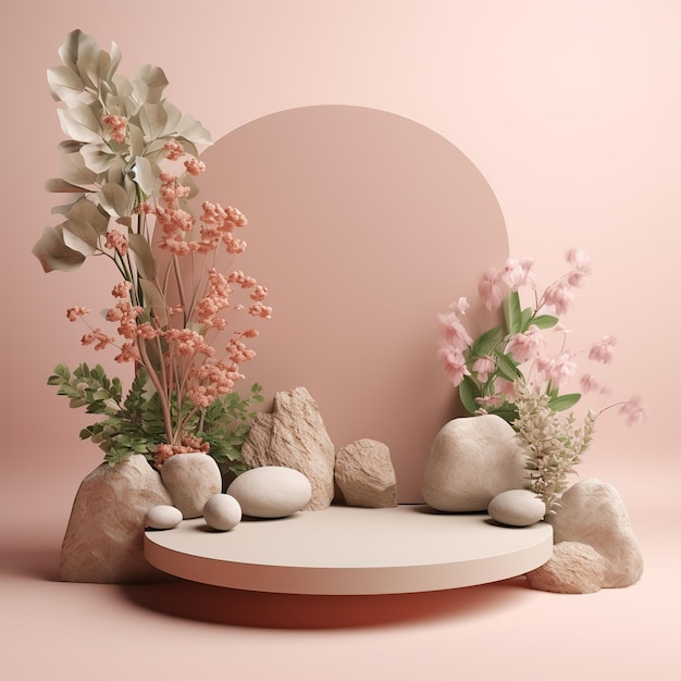 Podio in pietra minimalista vuoto con fiori e foglie Palcoscenico per l'esposizione di oggetti merci rosa beige pastello