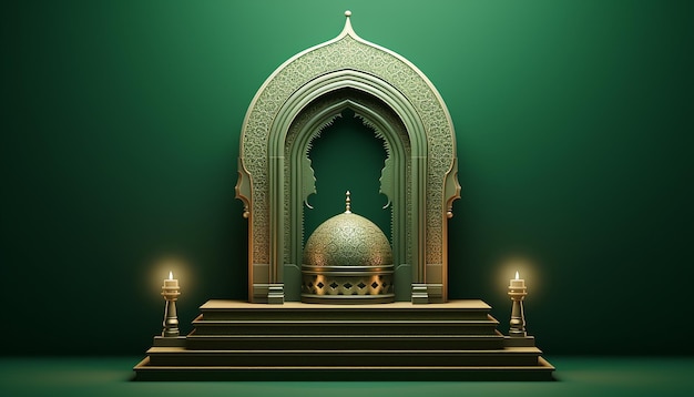 Podio islamico con oggetto islamico tradizionale su sfondo verde religione musulmana simbolo