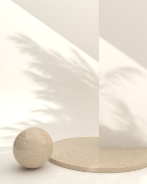 Podio minimalista in legno con scena di visualizzazione composizione astratta per la presentazione del prodotto sullo sfondo crema, rendering 3d, illustrazione 3d