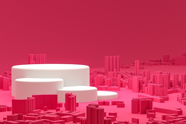 Podio minimo bianco o display a piedistallo su edifici rosa della città mappa sfondo rendering 3d per la presentazione di prodotti cosmetici