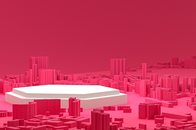 Podio minimo bianco o display a piedistallo su edifici rosa della città mappa sfondo rendering 3d per la presentazione di prodotti cosmetici