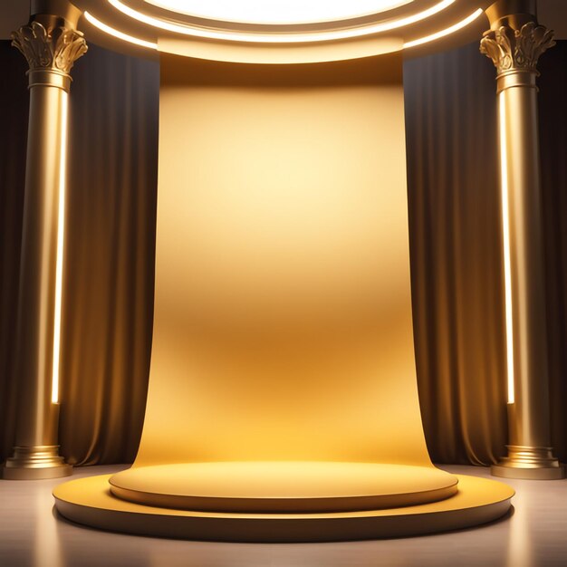 podio mockup con tessuto di seta color oro posizionato su uno sfondo di eleganza e piedistallo premium di lusso