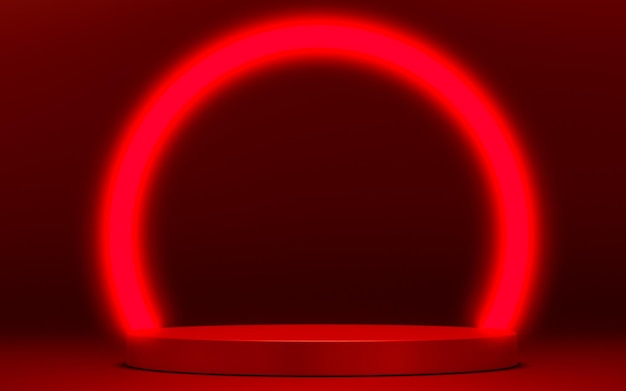 Podio per il posizionamento del prodotto con lampada ad anello rossa e scena minimale dal design contemporaneo per simulare e mostrare la piattaforma del piedistallo del marchio per la pubblicità di cosmetici