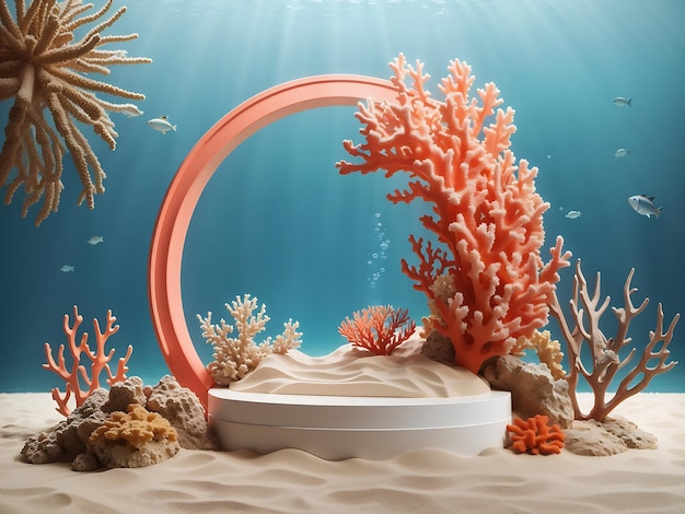 Podio per l'esposizione e la presentazione del prodotto Mockup subacqueo in corallo con sabbia