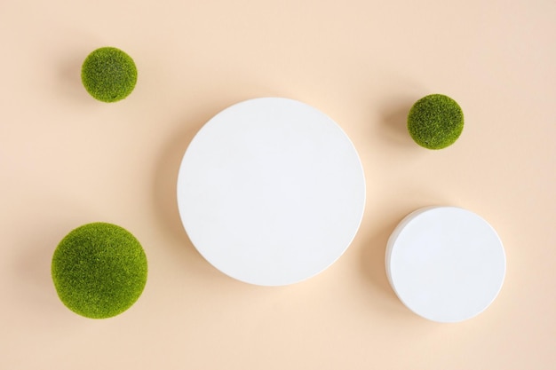 Podio per la presentazione dei prodotti cosmetici. Forma geometrica minimale astratta. Podio cilindrico con sfera in erba verde, ombra morbida. Scena per mostrare i prodotti. Vetrina, vetrina. Vista piana e dall'alto