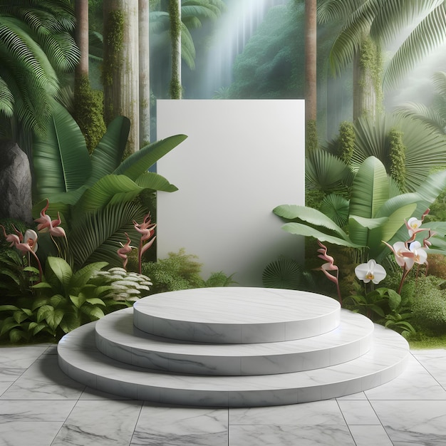 podio pubblicitario vuoto pietra di marmo bianco con fiori della giungla tropicale sullo sfondo