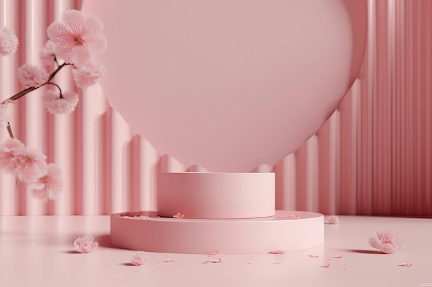 Podio rosa 3D con fiori di sakura che cadono perfetti per promuovere cosmetici o prodotti di bellezza Design minimalista con spazio per la copia e un piedistallo pastello floreale Mockup di rendering 3D a tema primaverile