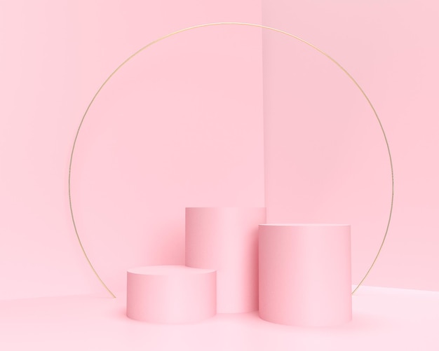Podio rosa astratto della piattaforma del cilindro rosa e scena minima della parete dell'oro Rendering 3d moderno