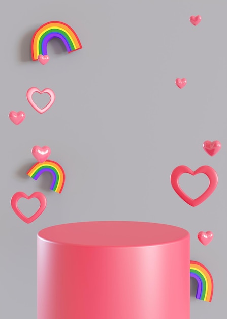 Podio rosa con cuori e arcobaleni che volano in aria Podio di San Valentino per la presentazione cosmetica del prodotto Mock up Piedistallo o piattaforma per prodotti di bellezza LGBT love diversity 3D render