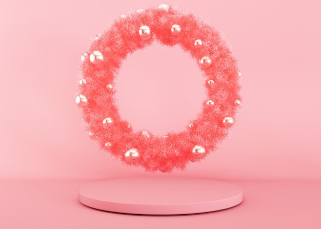 Podio rosa con decorazioni natalizie su sfondo rosa Composizione natalizia Scena elegante per la presentazione di prodotti cosmetici Mock up di lusso Piattaforma a piedistallo per prodotti di bellezza Rendering 3D