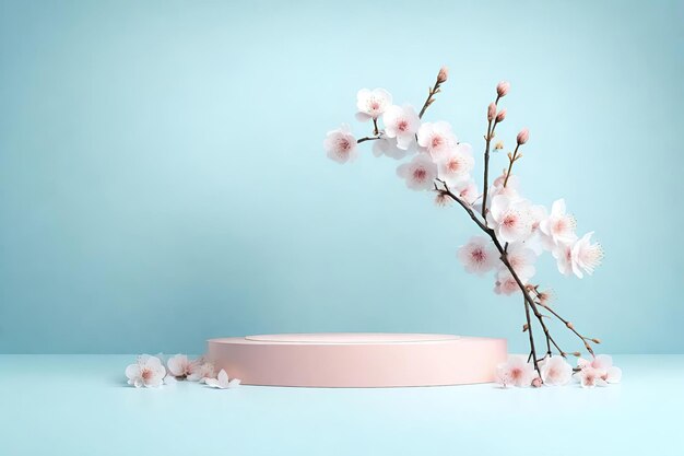 Podio rosa con fiori di sakura su sfondo blu