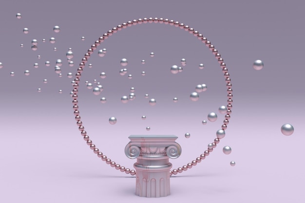 Podio rosa in marmo 3D con bolle volanti e arco di perle sullo sfondo Piedistallo per la presentazione