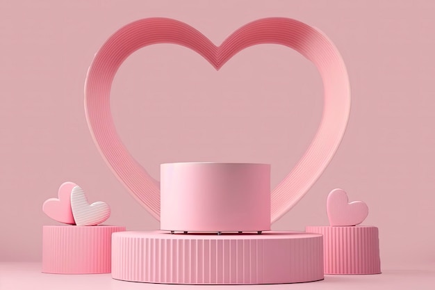 Podio rosa isolato su sfondo del palco 3d con display del prodotto romantico a forma di cuore