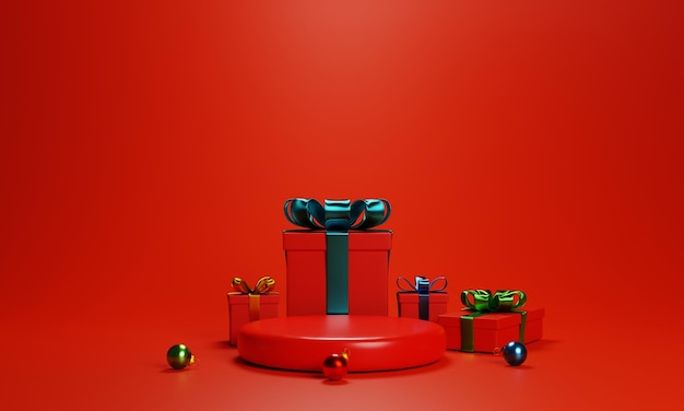 podio rosso con confezione regalo per la presentazione del prodotto su sfondo rosso rendering 3d dello sfondo del prodotto