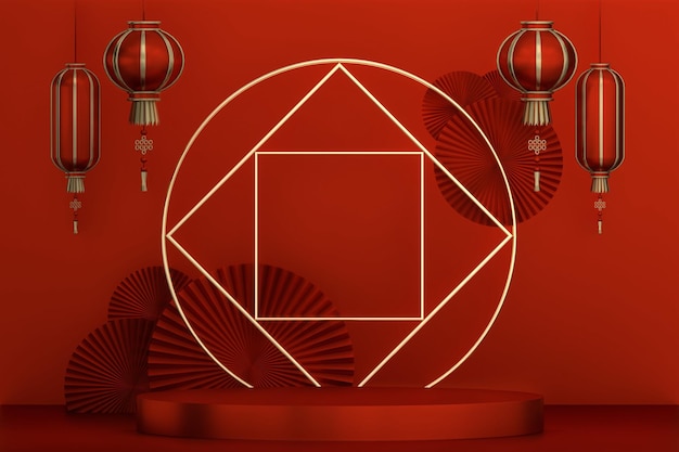 Podio rosso per la visualizzazione del prodotto design geometrico minimo3D rendering
