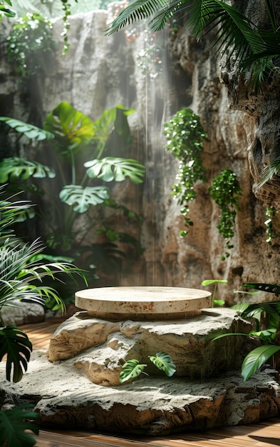 podio rotondo beige o piedistallo su pietra sullo sfondo della foresta pluviale per la presentazione di prodotti cosmetici spazio di copia verticale