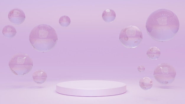 Podio rotondo bianco con bolle d'aria sulla superficie dell'acqua rosa Mock up piattaforma geometrica vuota con sfere di sapone o gocce d'acqua per cosmetici di presentazione di annunci di prodotti Illustrazione 3d realistica