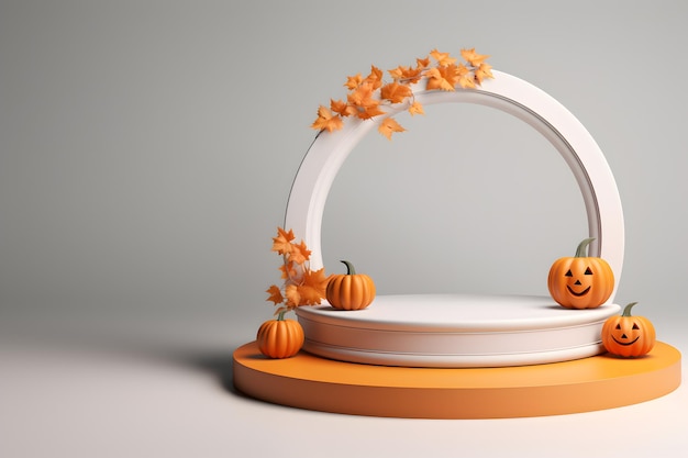 Podio rotondo e piedistallo per il prodotto da esposizione Banner di rendering 3D dello sfondo del tema delle zucche di Halloween