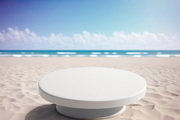 Podio rotondo in ceramica 3D con sfondo spiaggia realizzato con intelligenza artificiale generativa