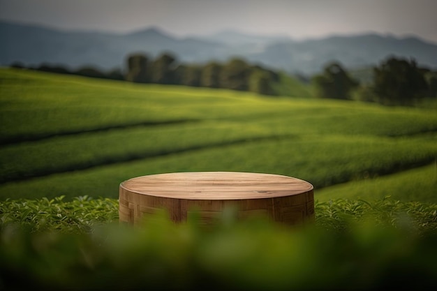 Podio rotondo in legno con display del prodotto sullo sfondo del paesaggio del campo del tè verde generato dall'intelligenza artificiale